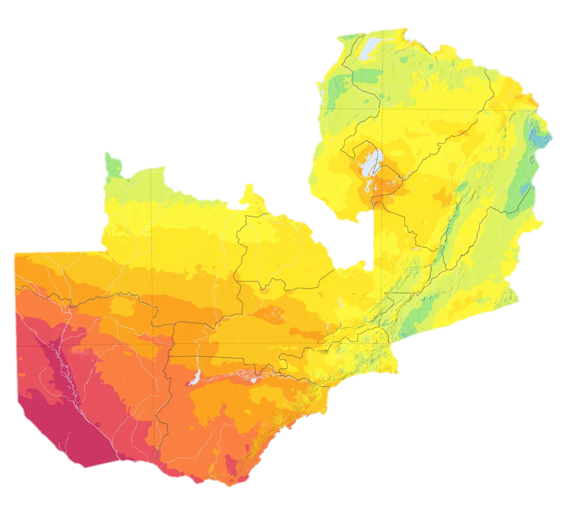 World Bank direct normal irradiation map of Zambia, from teal (under 1,534 kWh/m² a year) to crimson (over 2,118), highest in the west and south, with Mpishi Energy project locations marked.